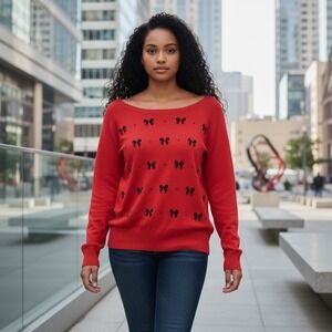 Torrid Women's‎ Size L Red Cotton Knit Sweater Black Bows Casual Travel Soft